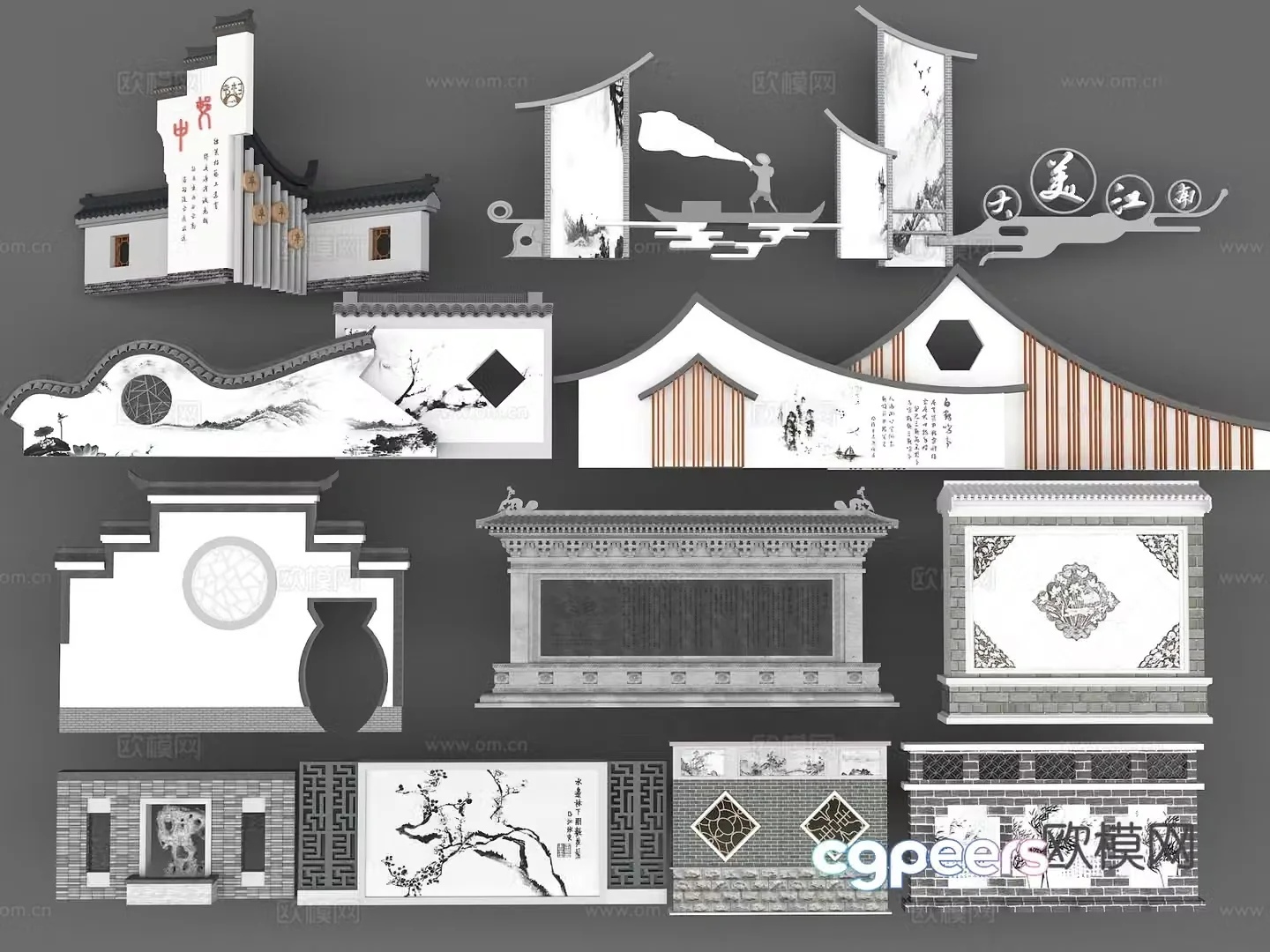 Chinese style landscape wall exterior wall decoration Jiangnan decorative wall 3D model