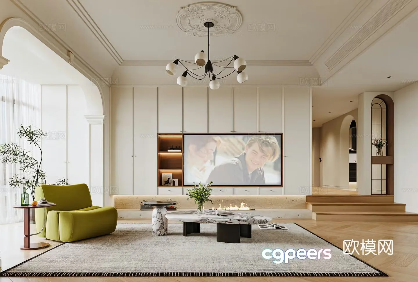 French cream living room French living room TV background French TV combination cabinet French single chair 3d model