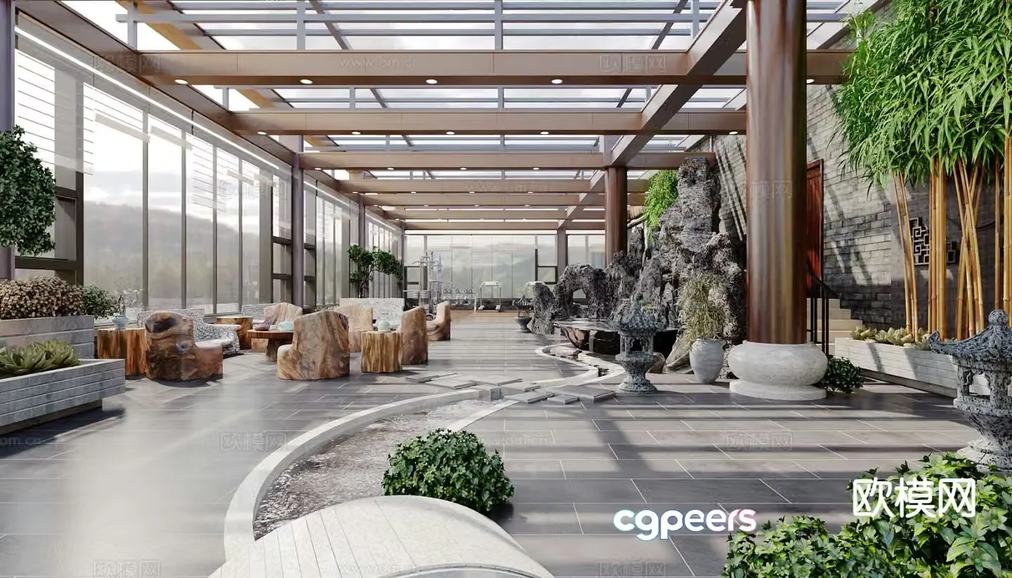 New Chinese style courtyard landscape sun room roof garden 3D model