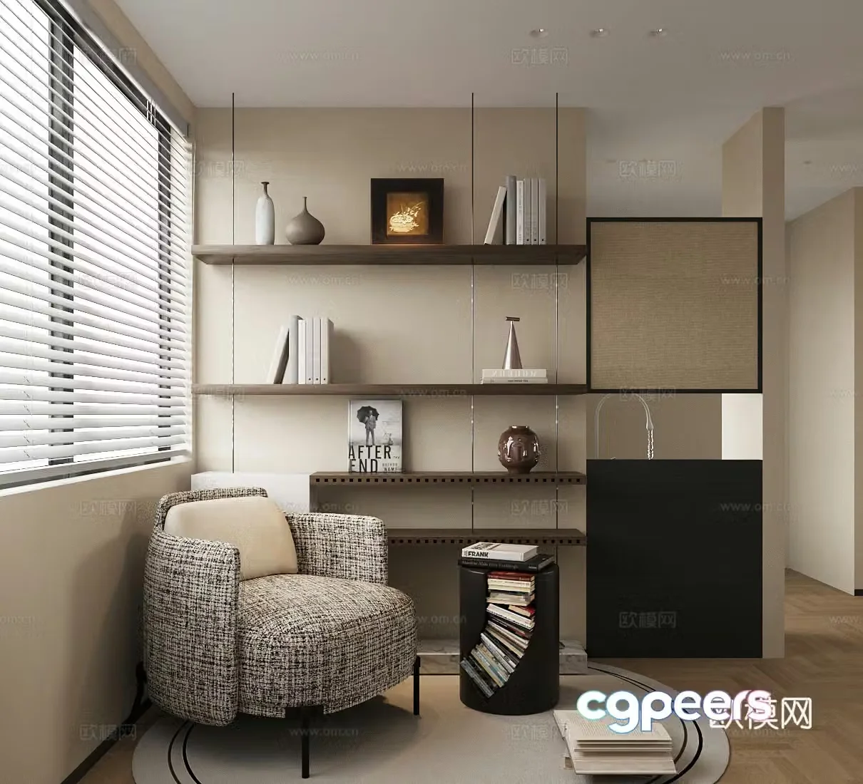 Modern leisure chair Floor-standing bookshelf Ornament combination 3D model