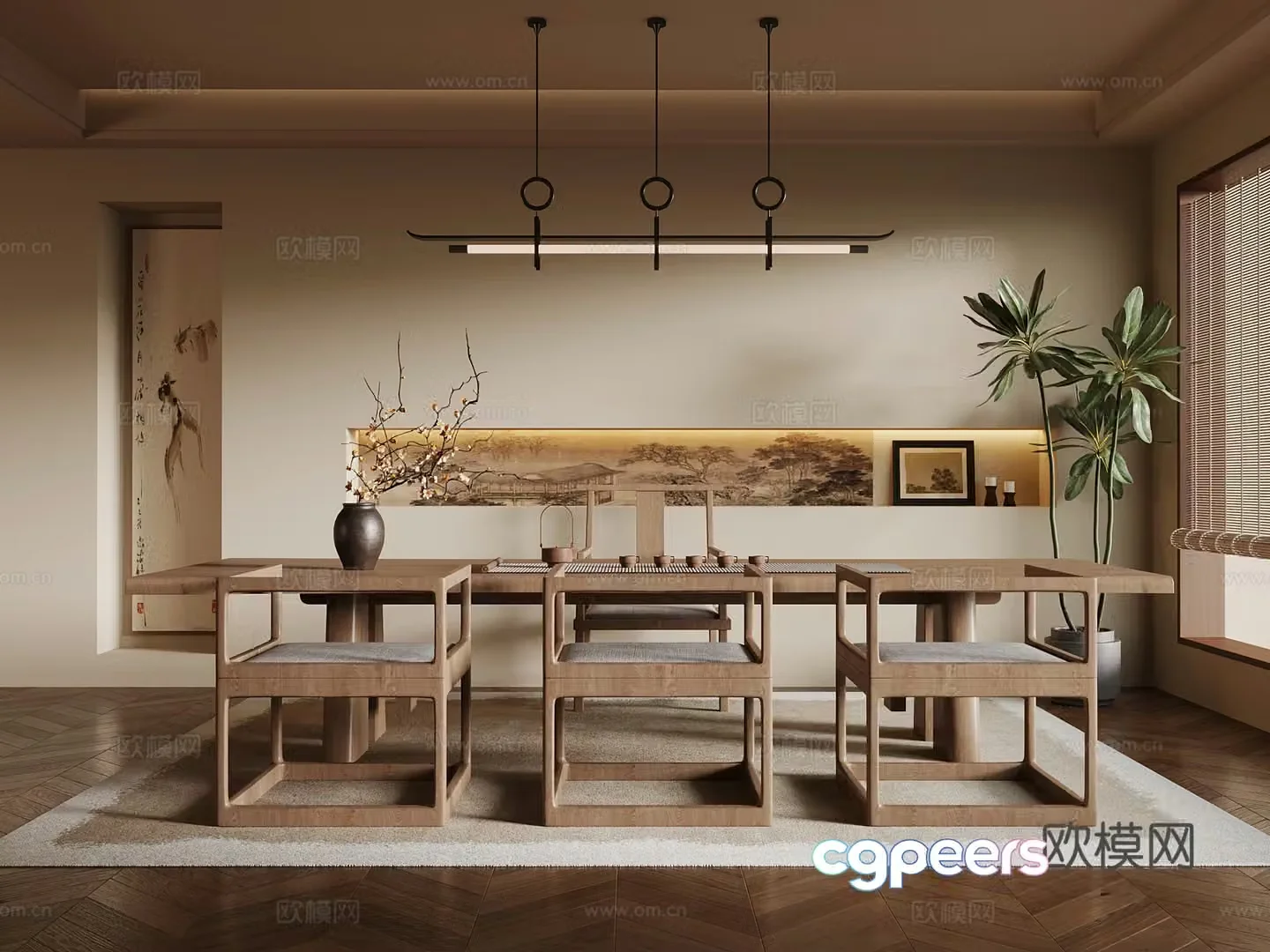 New Chinese-style tea room tea table and chairs tea sets ornaments 3D model