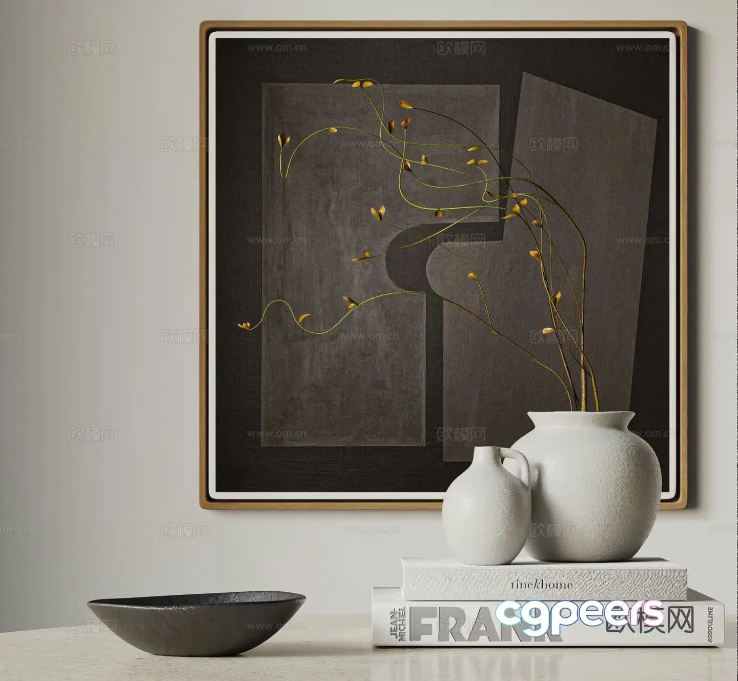 Modern ceramic vase dry branches hanging paintings books ornaments decorations Wasabi ornaments 3D model