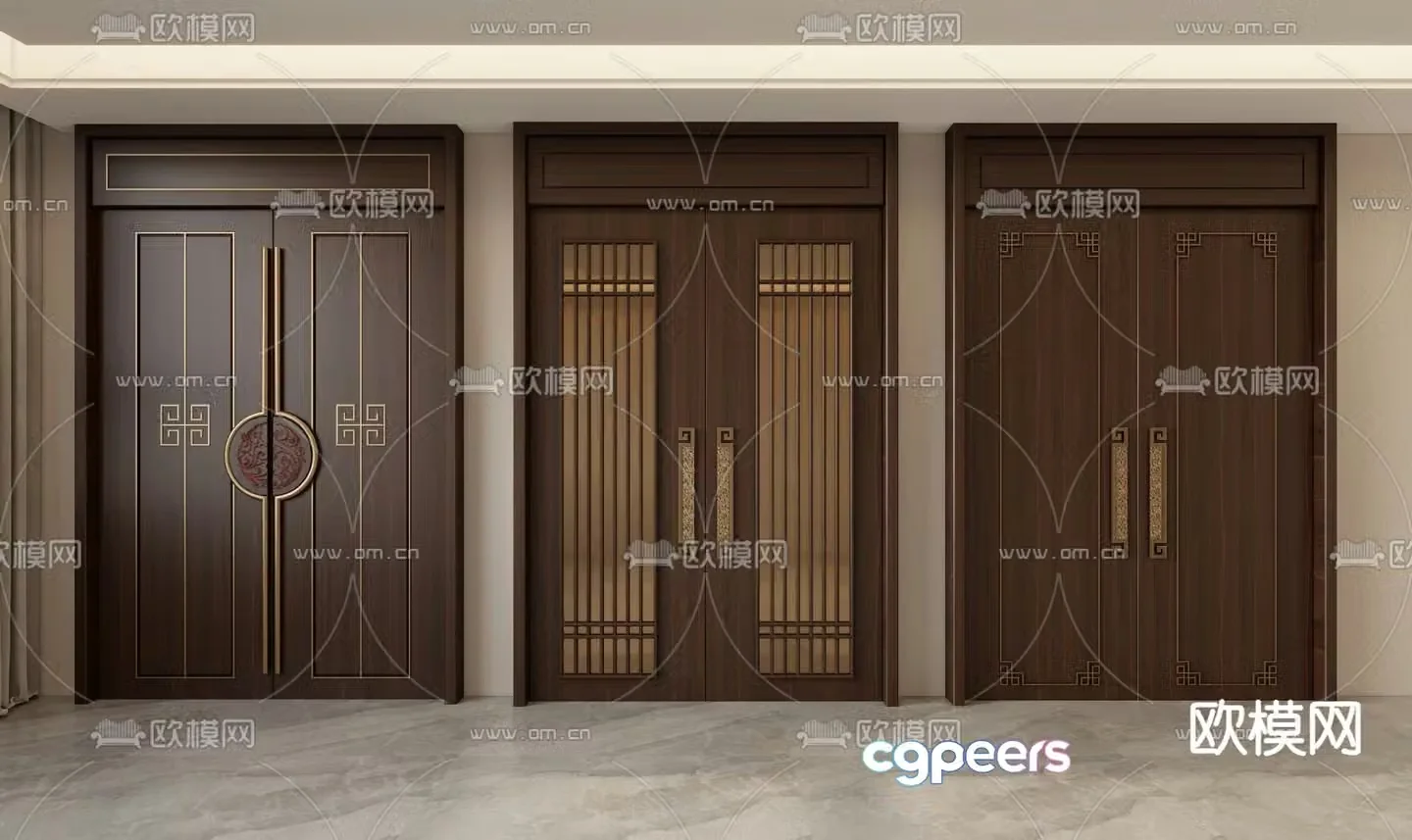 New Chinese style top door double door entrance door 3D model