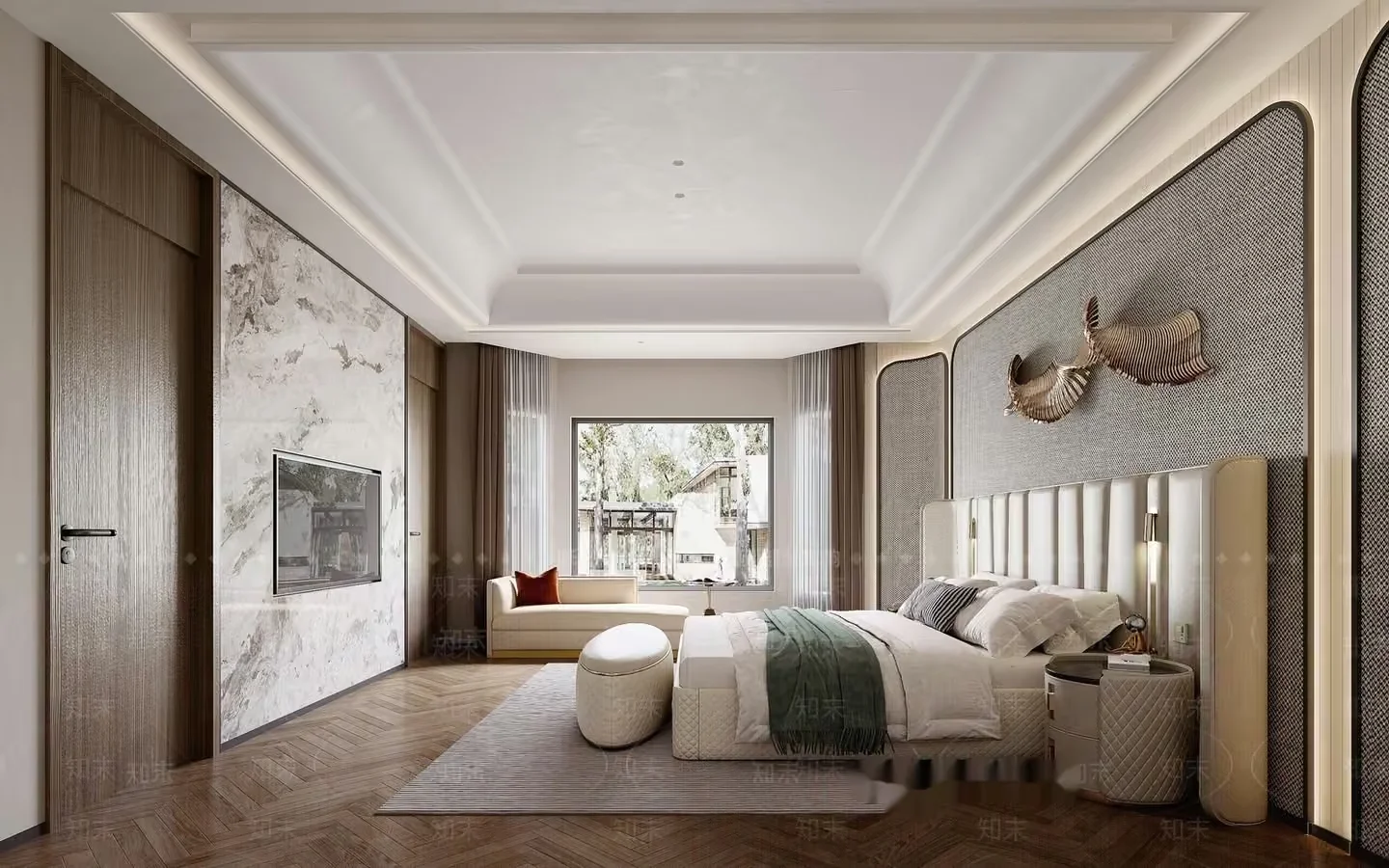 A Modern Bedroom With A Large Bed 3D Model – 10377 – VRAY Render