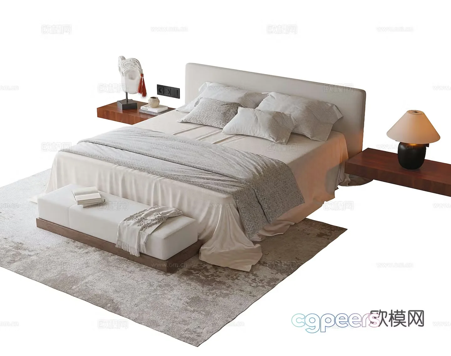 Modern double bed nightstand bed tail stool 3d model