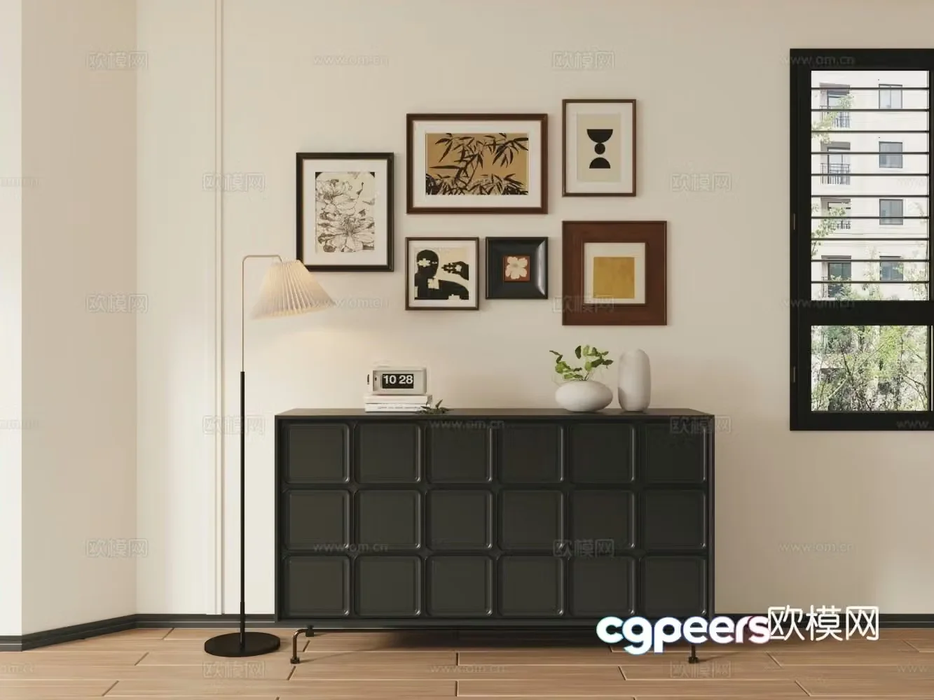 Modern black porch cabinet side cabinet floor lamp vase photo frame calendar 3d model