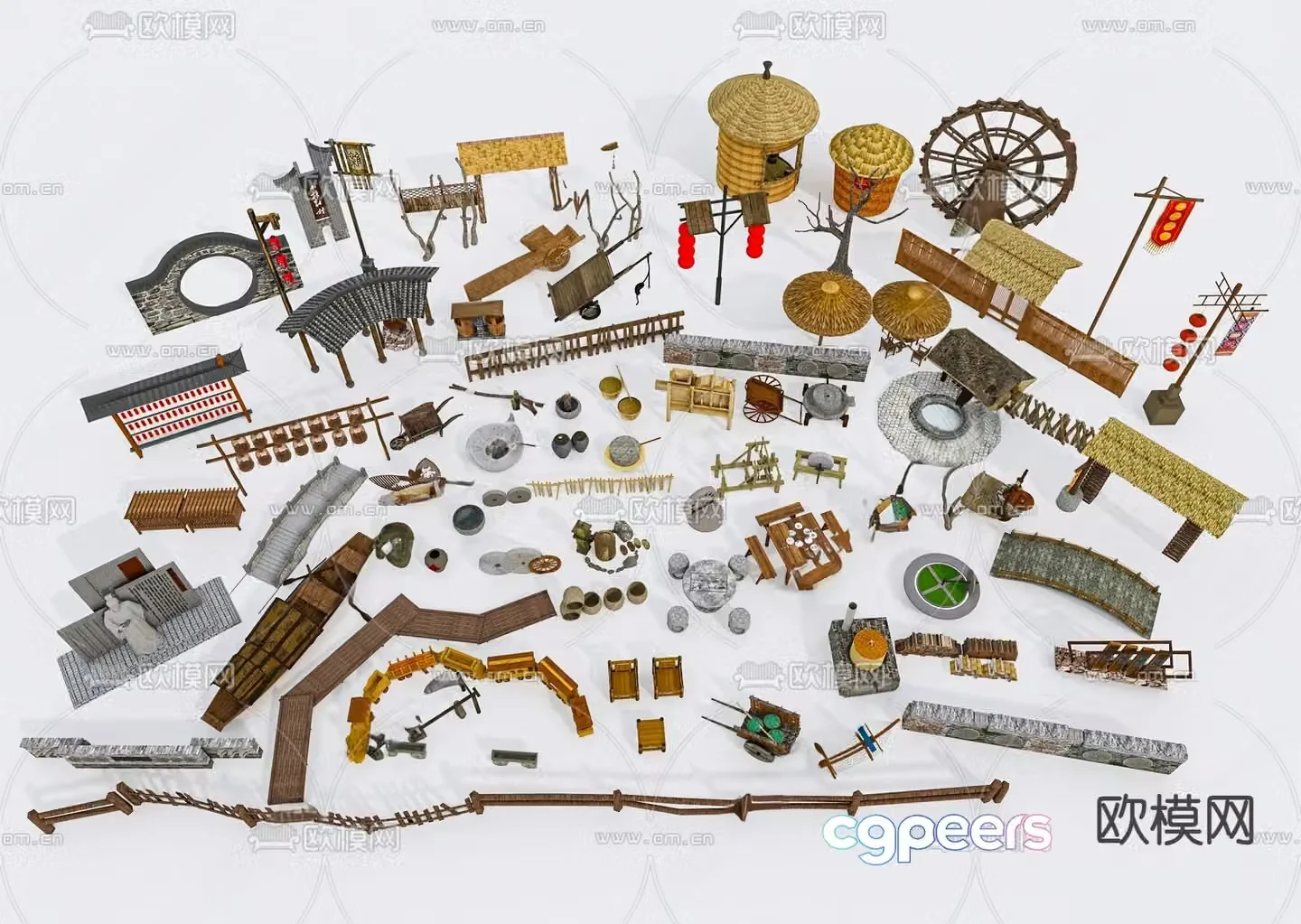Chinese landscape sketch farmhouse ornaments 3D model