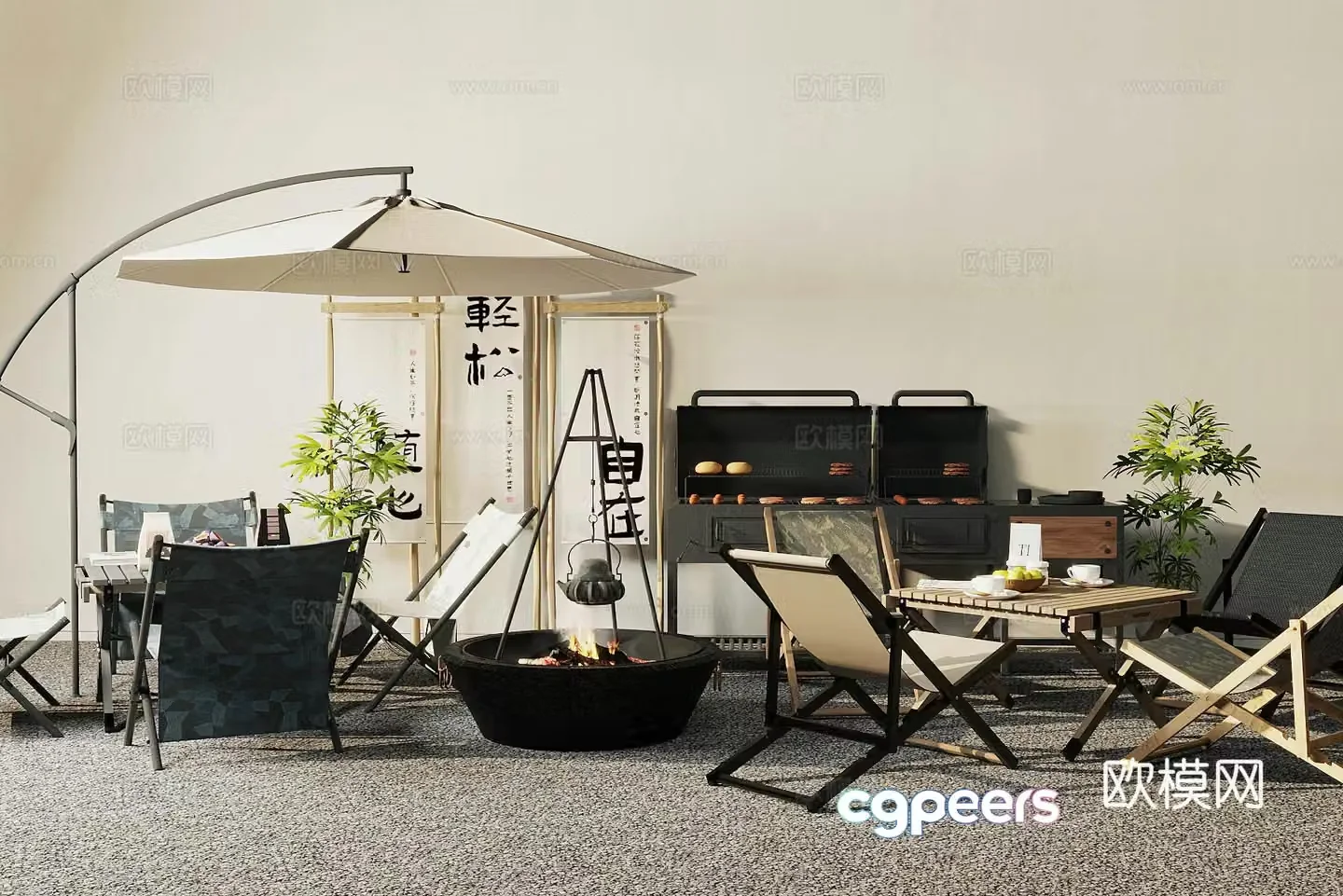 Camping wind cafe lounge area camping table and chairs natural camping wind milk tea shop green plant pile 3d model
