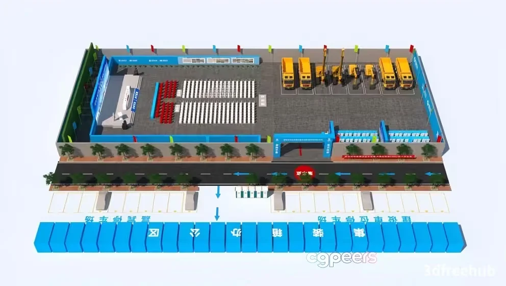 A 3D Rendering Of A Building With A Parking Lot And Trucks 3D Model – 19932 – VRAY Render