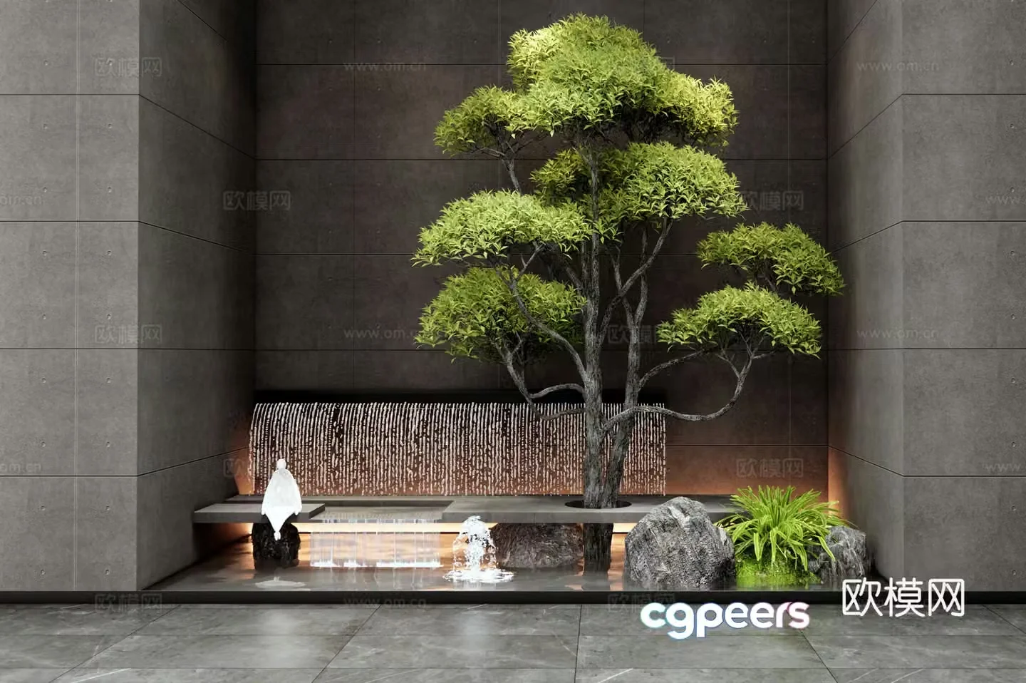Modern indoor waterscape waterfall landscape houseplant landscaping stone landscape tree tree 3d model