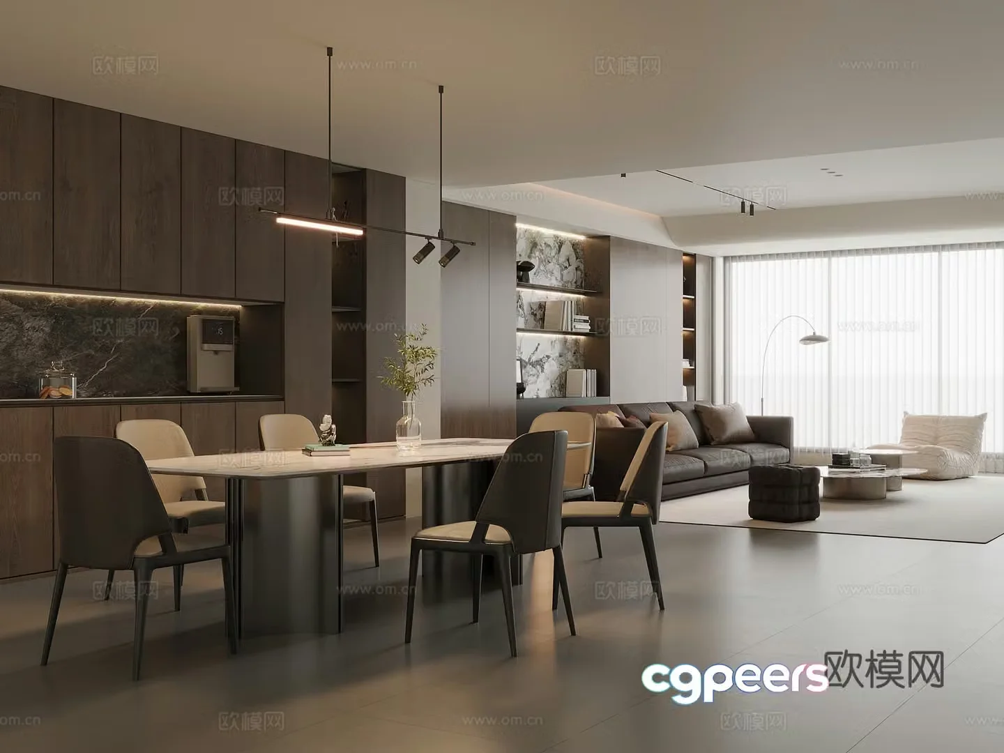 Modern Italian dining room marble dining table and chairs sideboard wine cabinet leather sofa coffee table combination 3D model