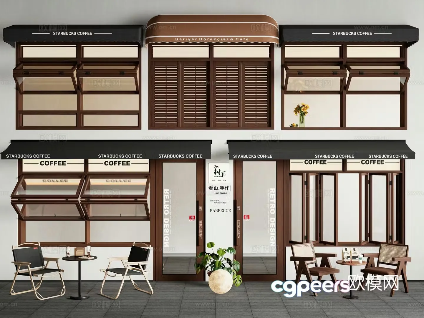 Modern medieval folding windows upper and lower folding windows sliding windows doors facades outdoor tables and chairs 3D models