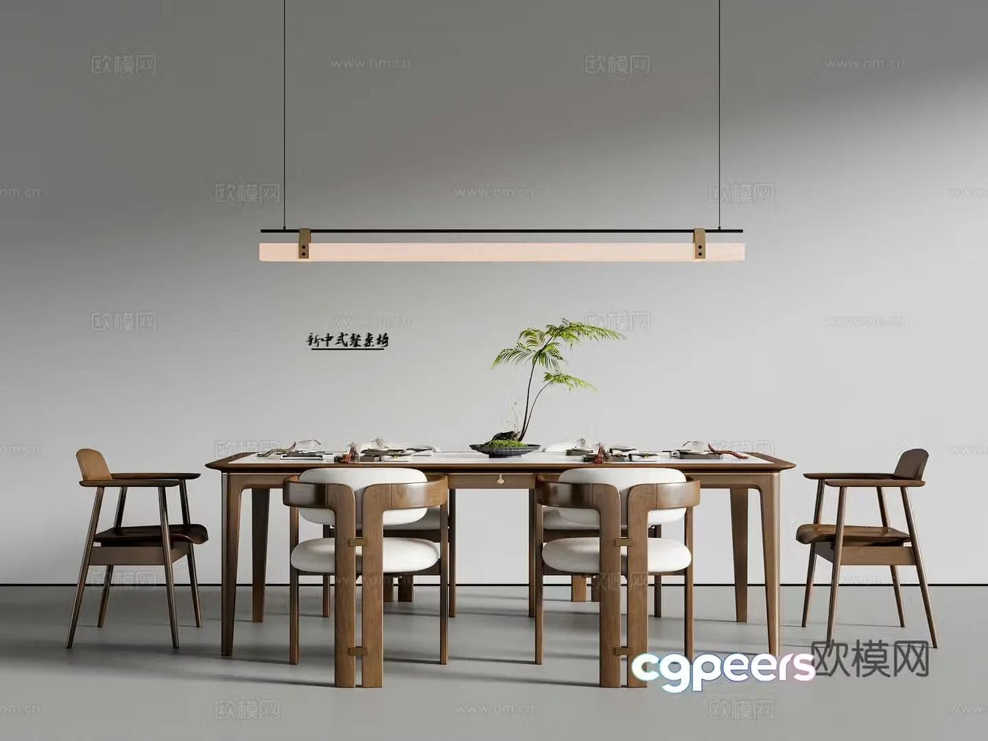 New Chinese Song style dining table and chairs long table chandelier 3d model