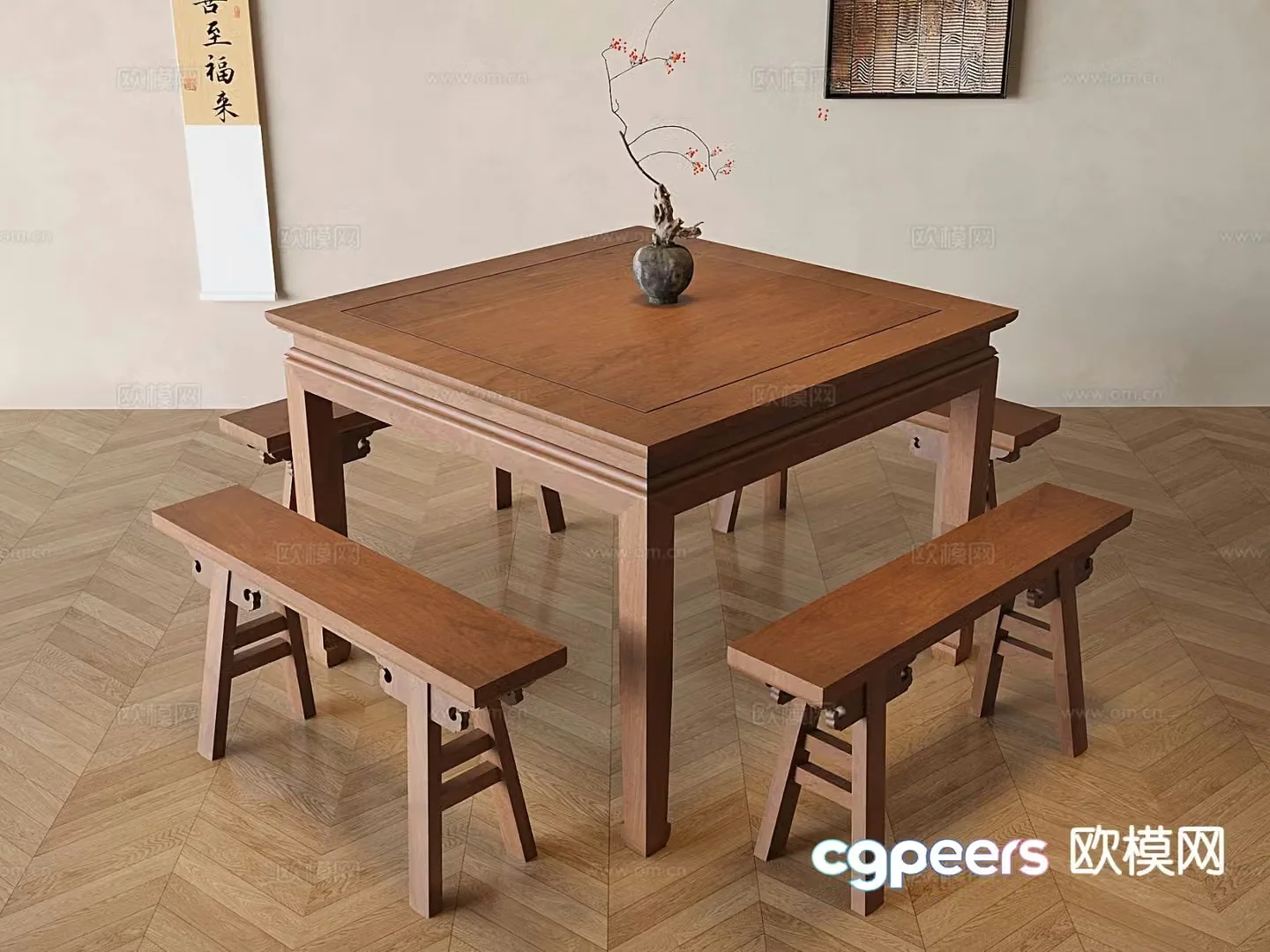Chinese dining table and chairs Eight Immortals table 3D model