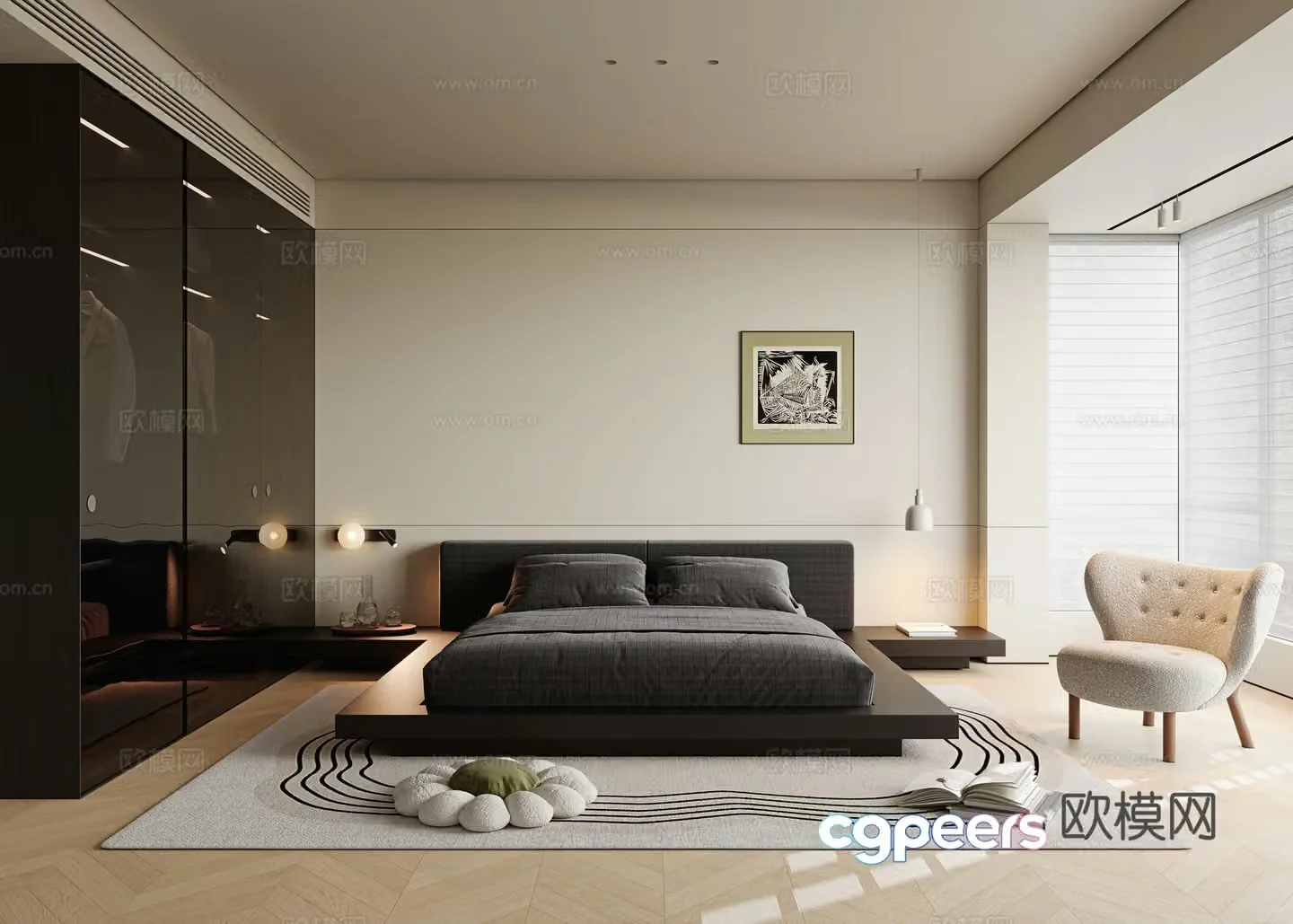 Wasabi minimalist bedroom master bedroom master light double bed small chandelier at the head of the bed 3D model