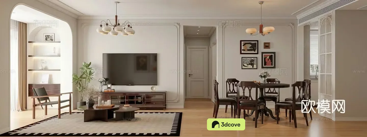 French living and dining room combination sofa TV background wall TV cabinet round dining table medieval style
