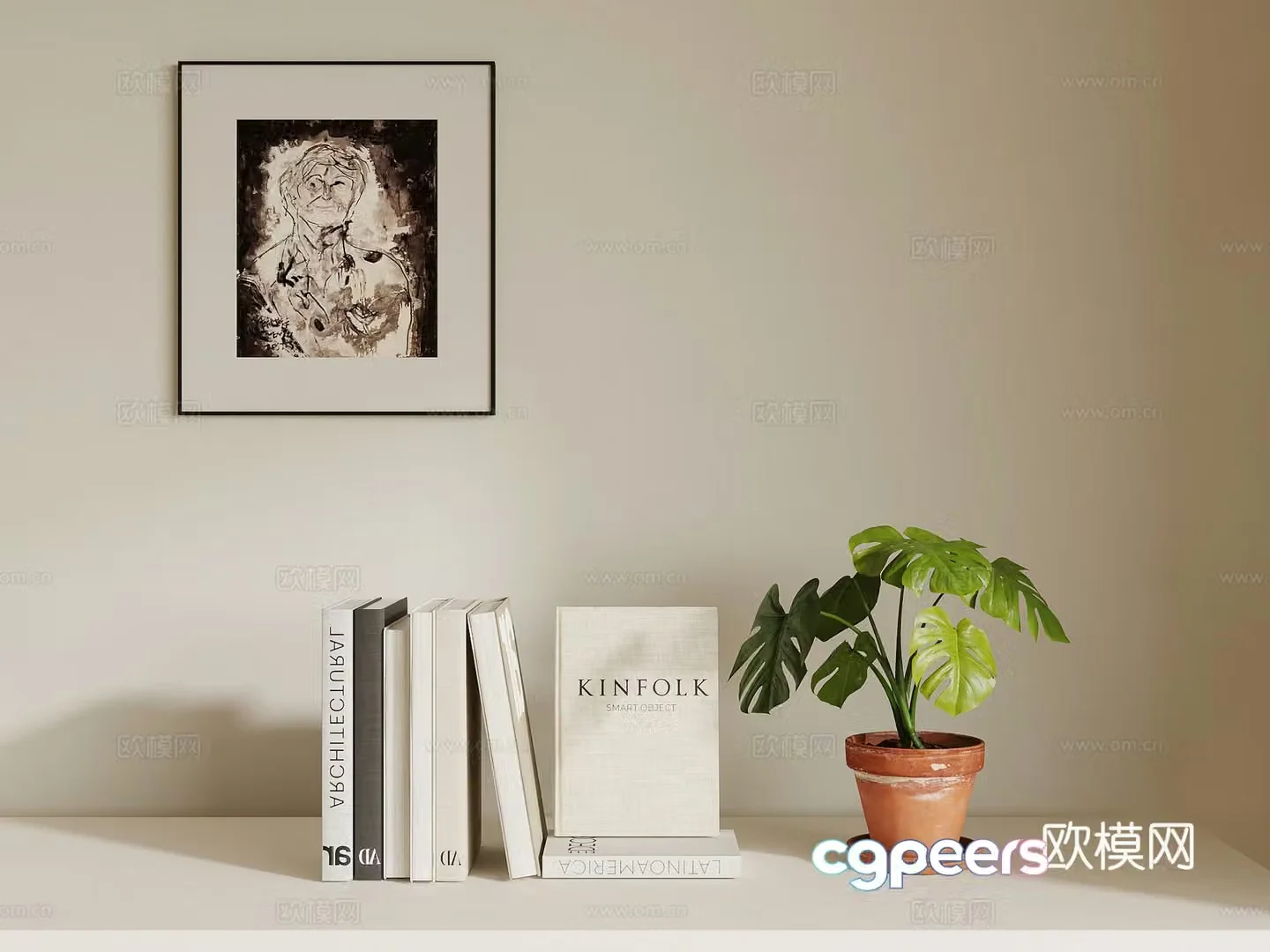 Decorative ornaments Modern cream style book ornaments Decorative painting Green plant potted 3d model 3d model