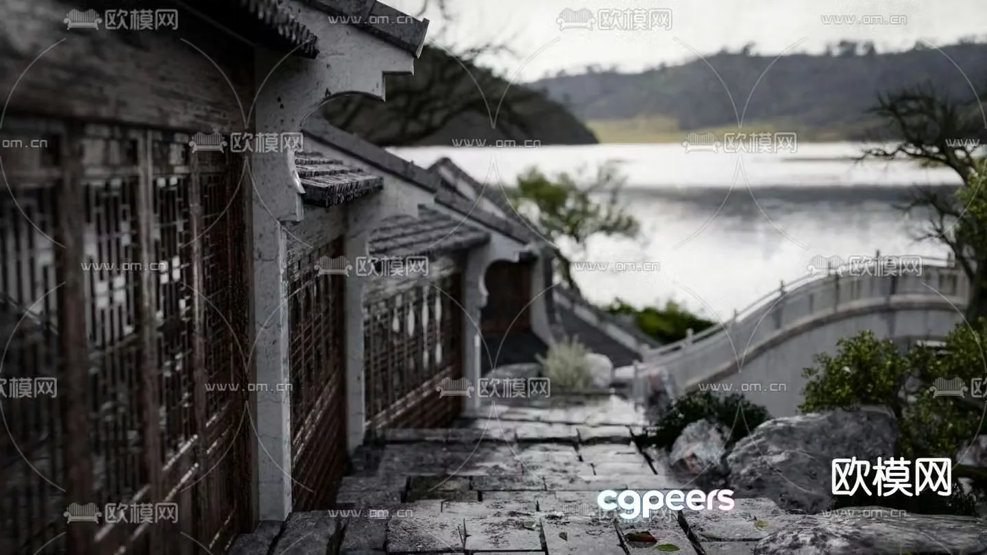 3D model of ancient town street after rain
