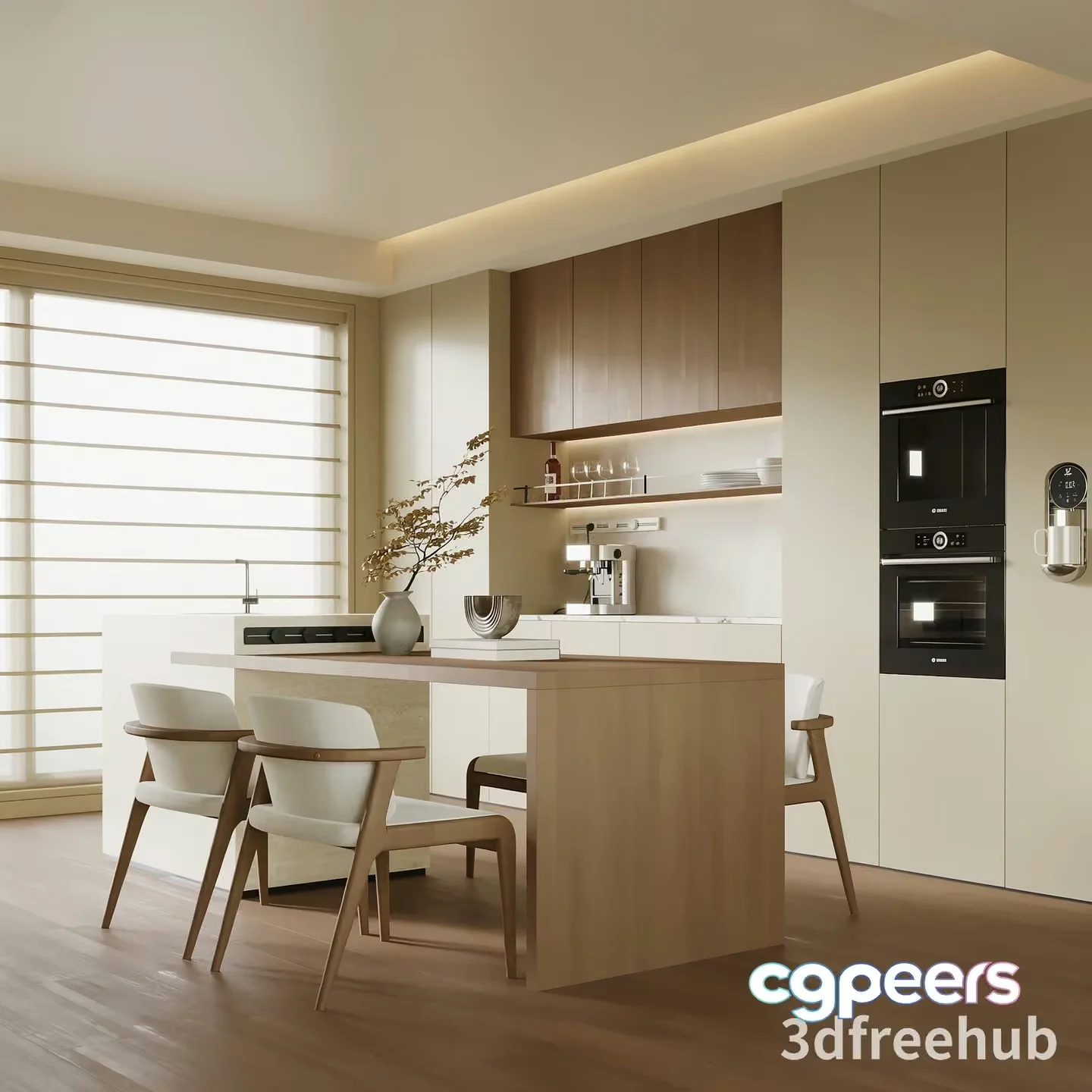 Modern Kitchen With White And Brown Color Scheme 3D Model – 20455 – VRAY Render