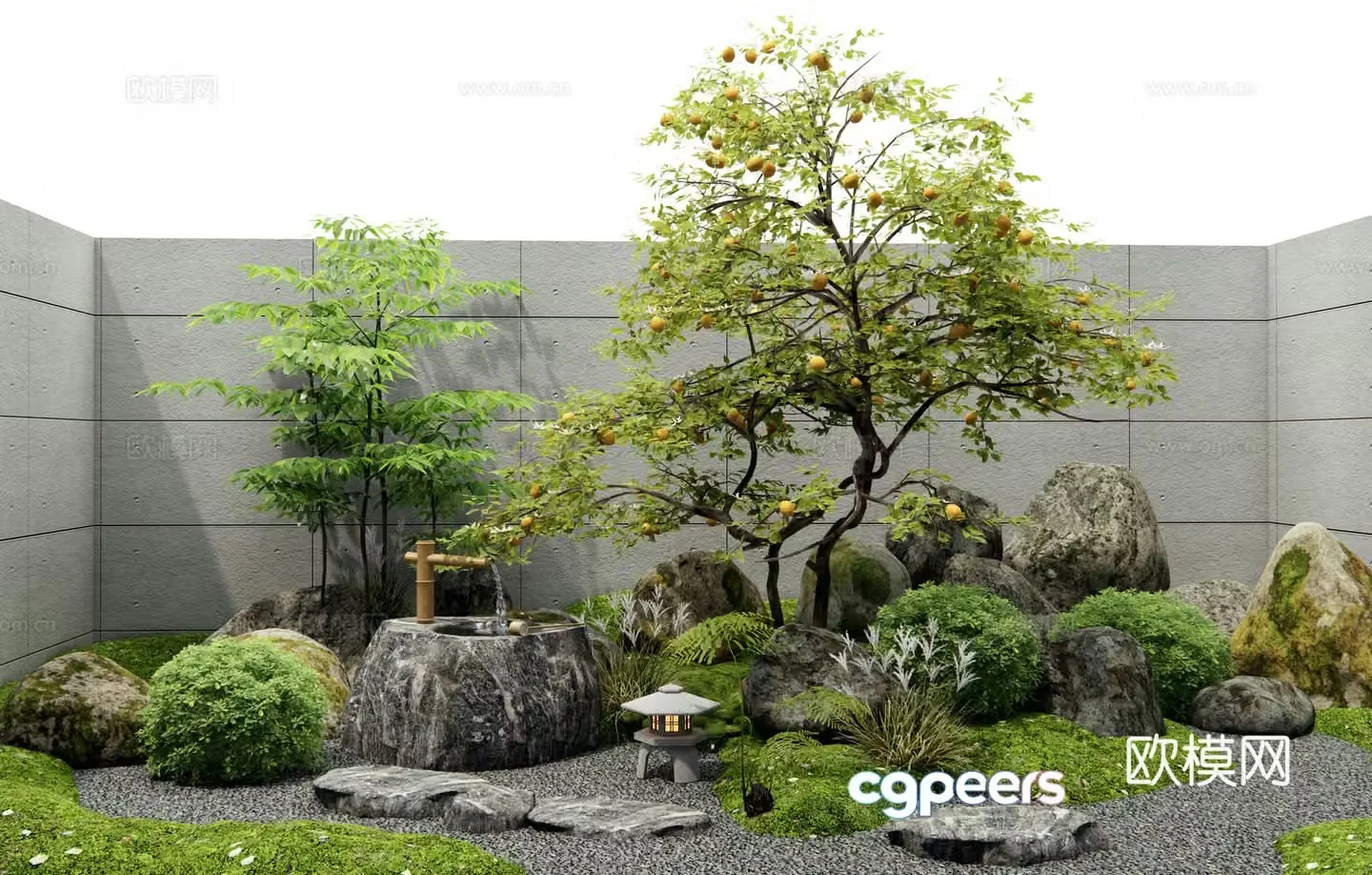 Modern courtyard sketch dry landscape garden landscape fruit tree lemon tree plant landscape stone 3d model
