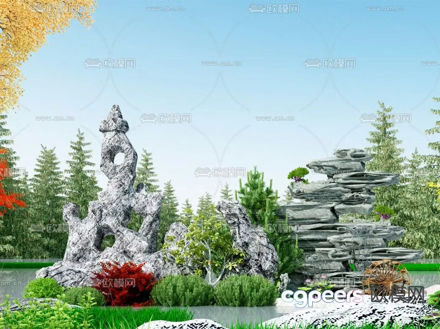 New Chinese style rockery waterfall and water wheel 3D model