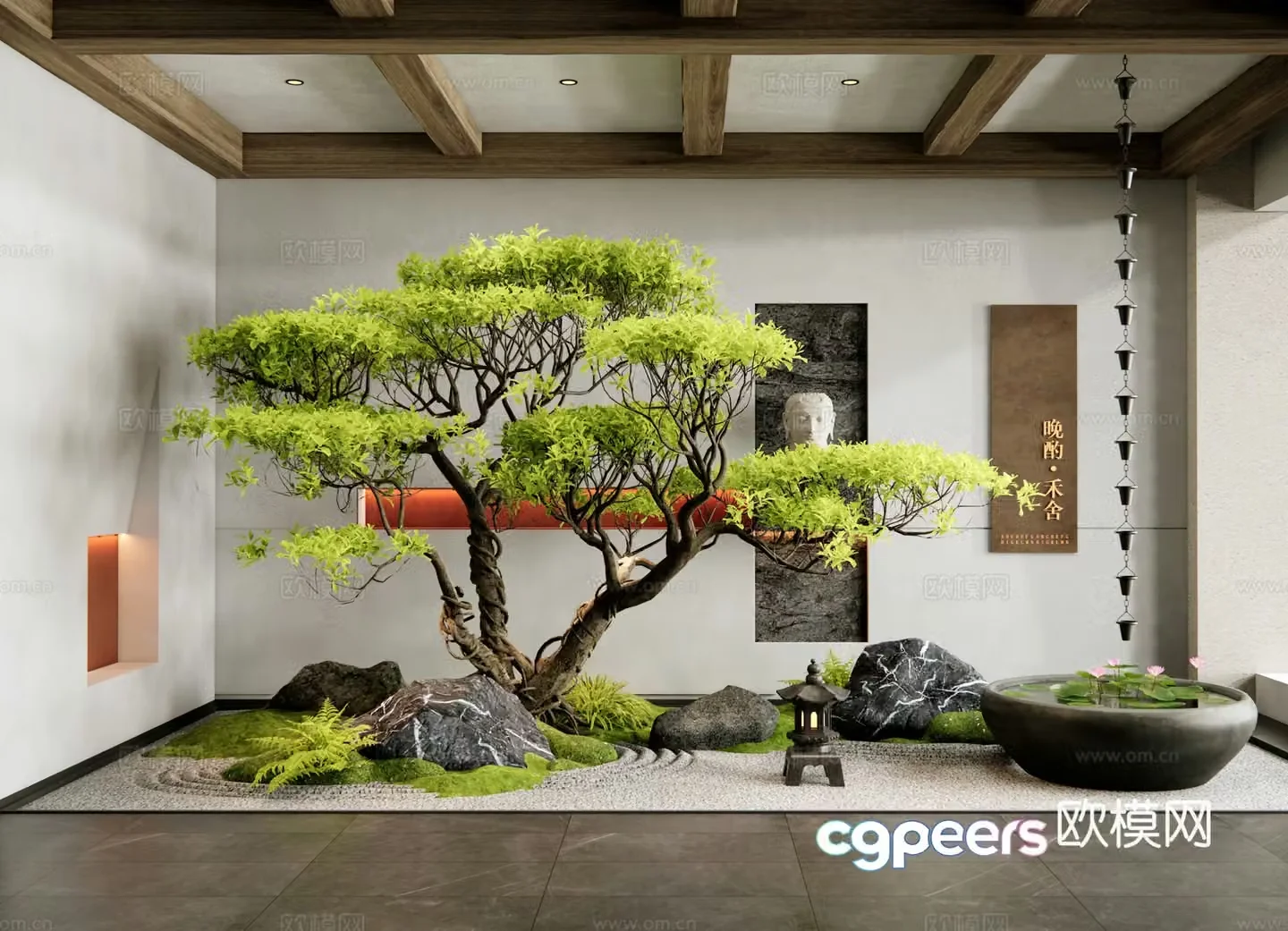 New Chinese style courtyard sketch Indoor landscape landscaping Dead landscape landscape stones Water bowl waterscape 3D model