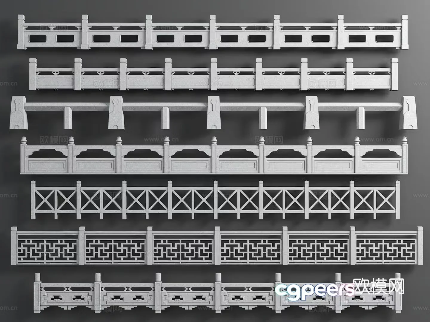 Chinese stone railing bridge railing river guardrail white marble railing 3D model