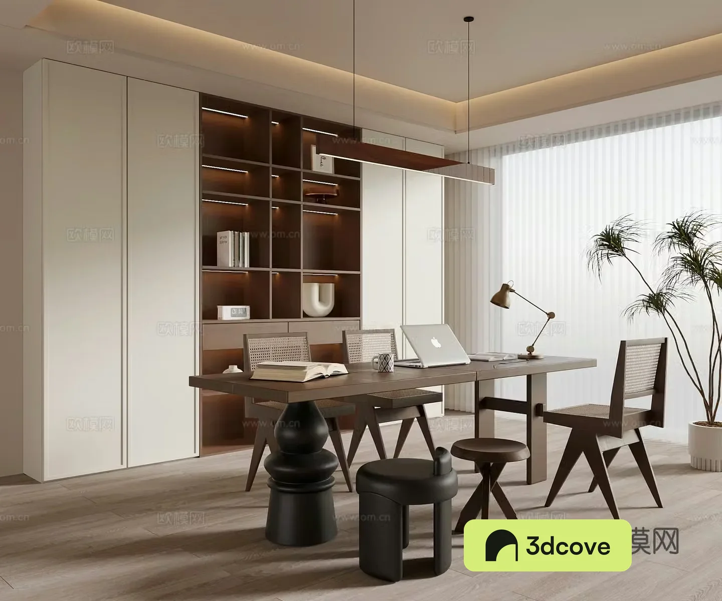 Middle-aged study bookcase desk and chair 3D model