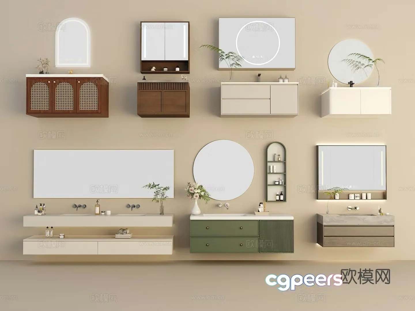 Bathroom cabinet combination Bathroom supplies ornaments Wash basin Green plants Faucet Mirror cabinet 3D model