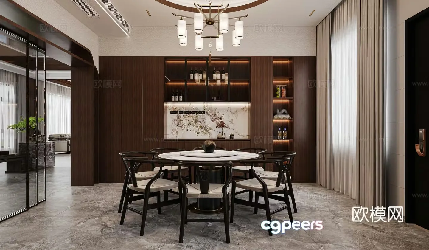 New Chinese restaurant Round dining table Wine cabinet Middle style restaurant New Chinese living restaurant Chandelier 3D model