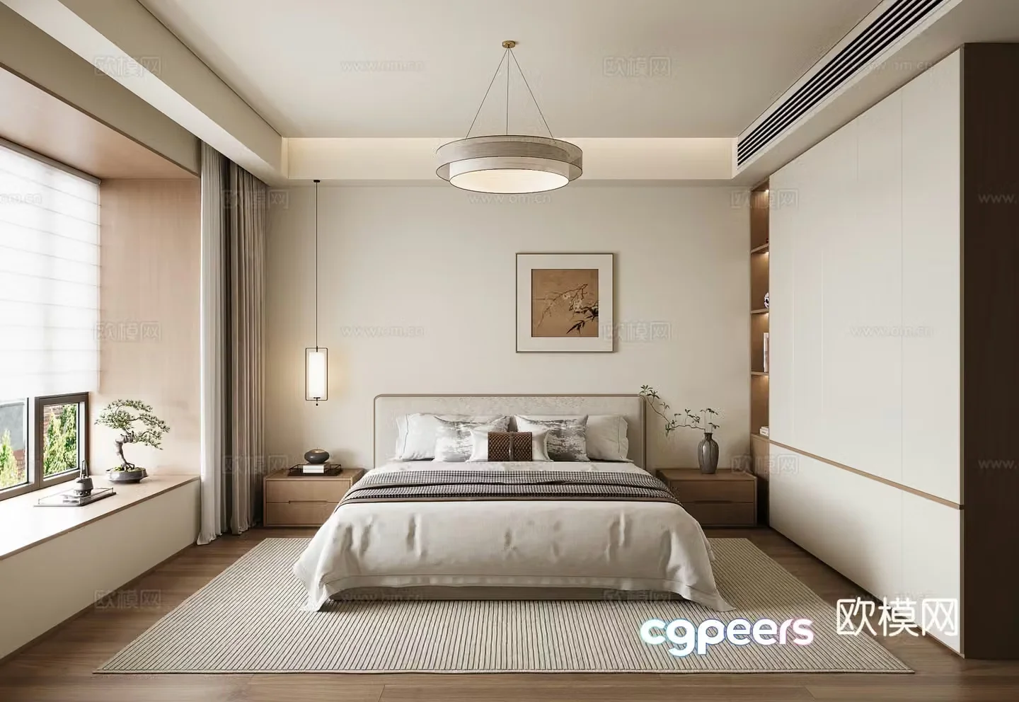 New Chinese style Song style bedroom Song style chandelier Song style double bed hanging painting 3D model