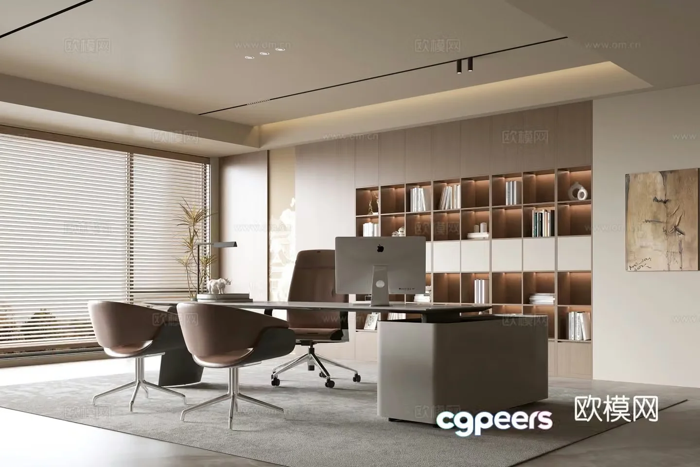Middle style office background wall bookcase office bookcase bookcase background wall solid wood desk 3d model