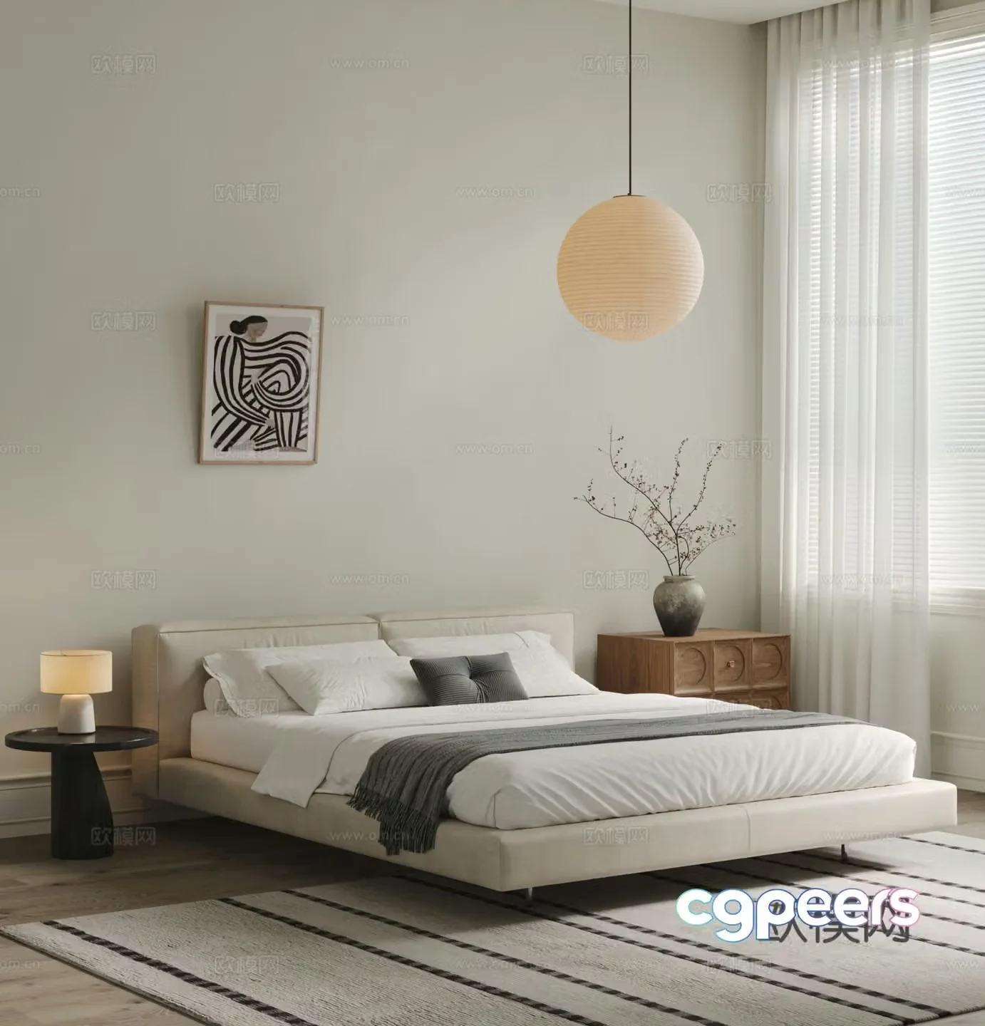 Modern minimalist double bed Tofu block bed Leather bed Chandelier Nightstand Bedroom Carpet 3D model