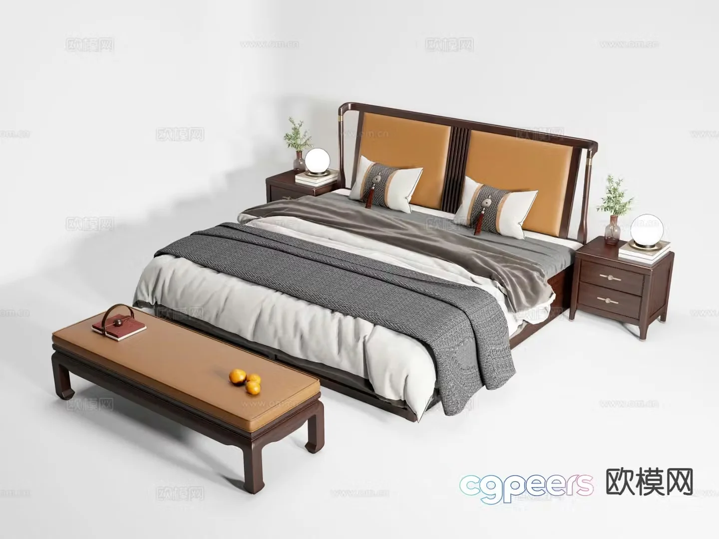 New Chinese style double bed 3d model
