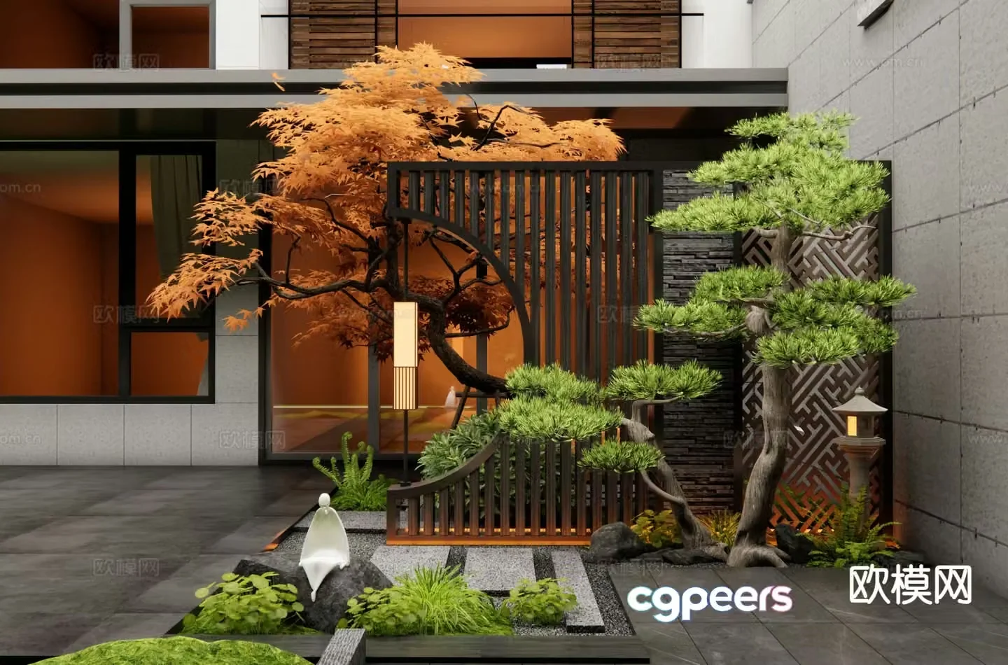 New Chinese style courtyard landscape wall entrance landscape wall red maple 3D model