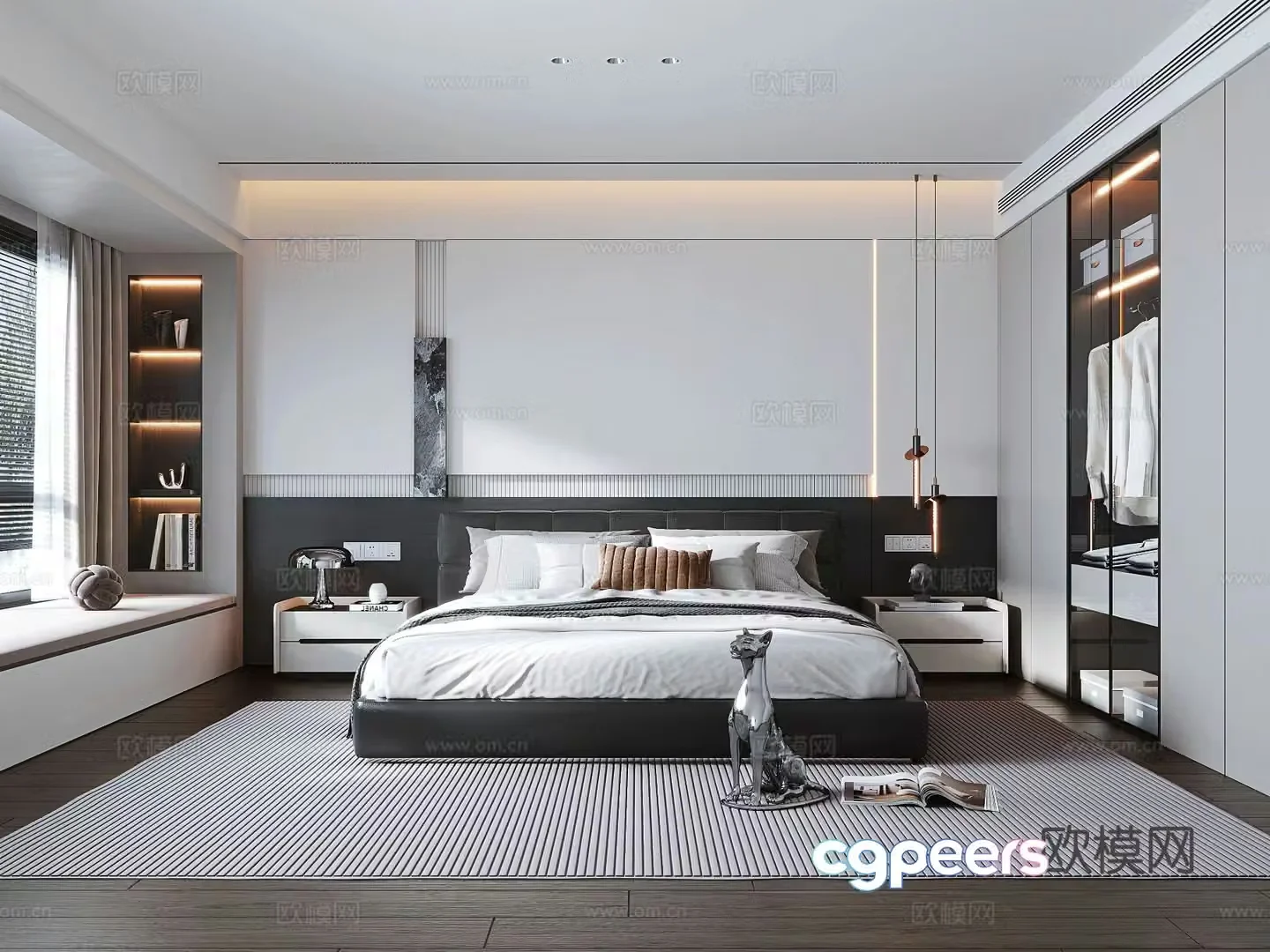 Italian light luxury home bedroom Italian style double bed bedside table wardrobe bedside chandeliers 3D model