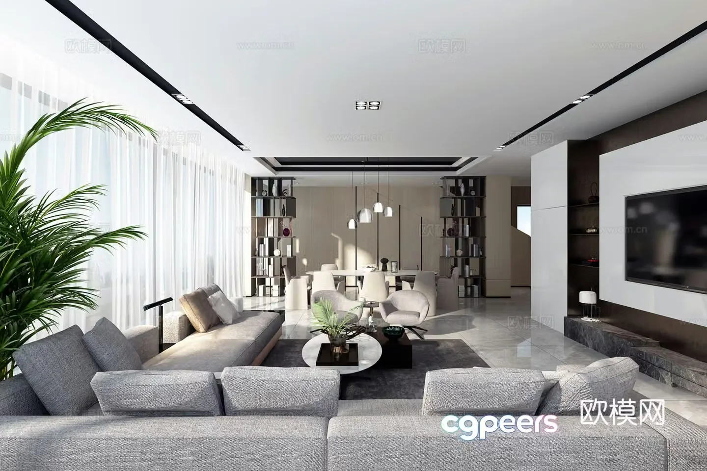 Modern villa living and dining room corner fabric sofa combination fashionable dining table and chair 3D model