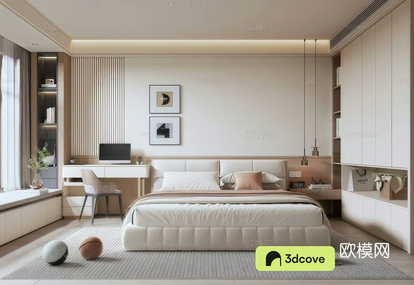 Modern Italian master bedroom home bedroom wardrobe decorative painting background wall double bed bay window mat