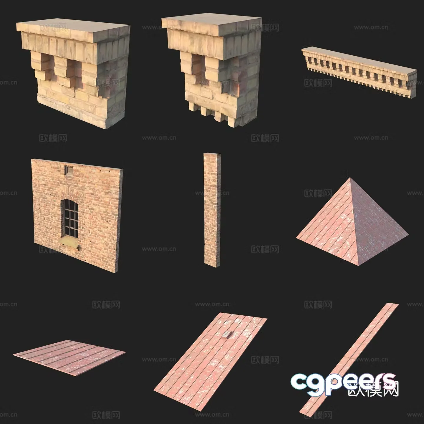 Doors and windows roof red brick wall column 3d model