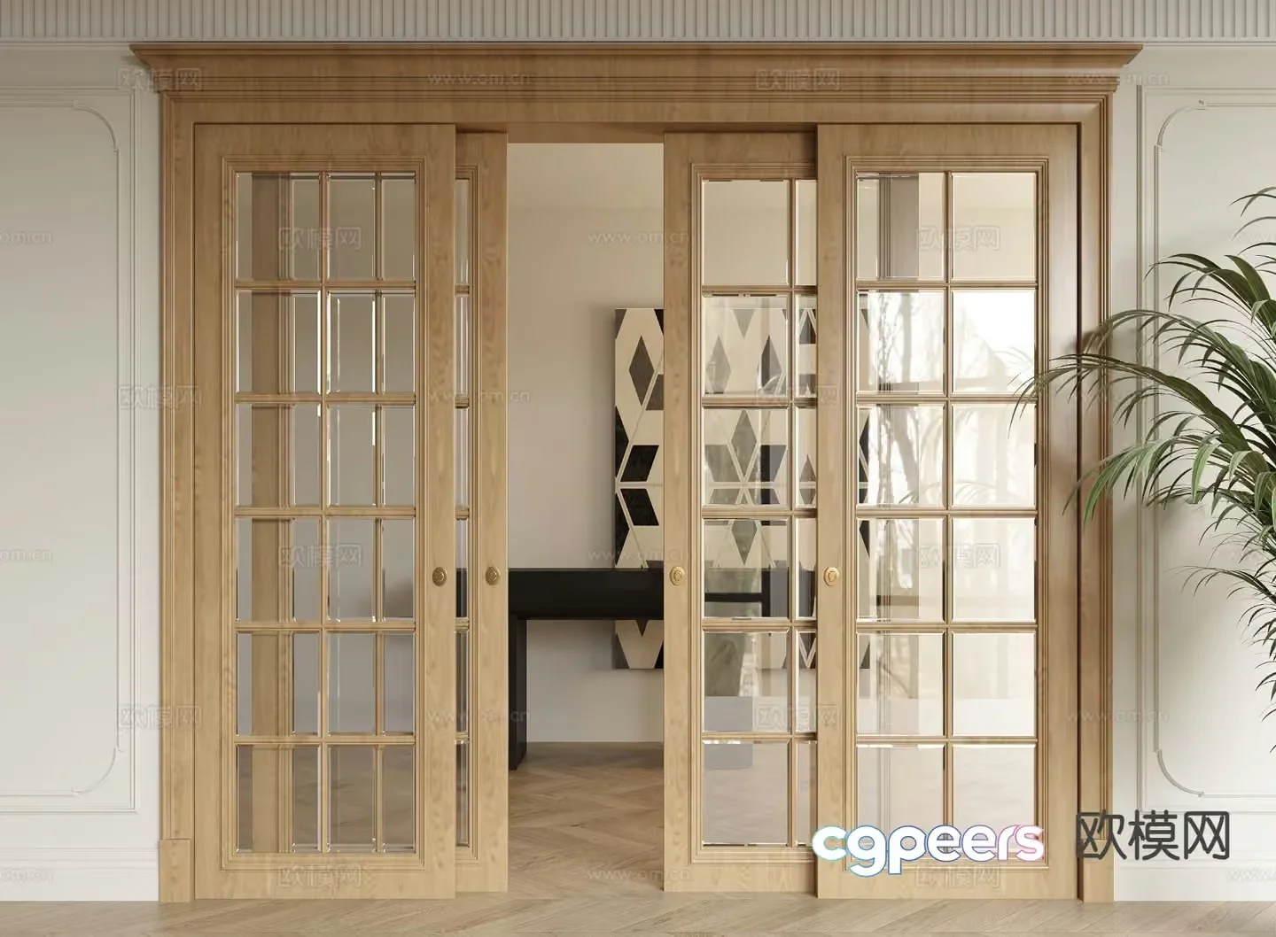 A Pair Of Light Wood French Doors 3D Model – 10042 – VRAY Render