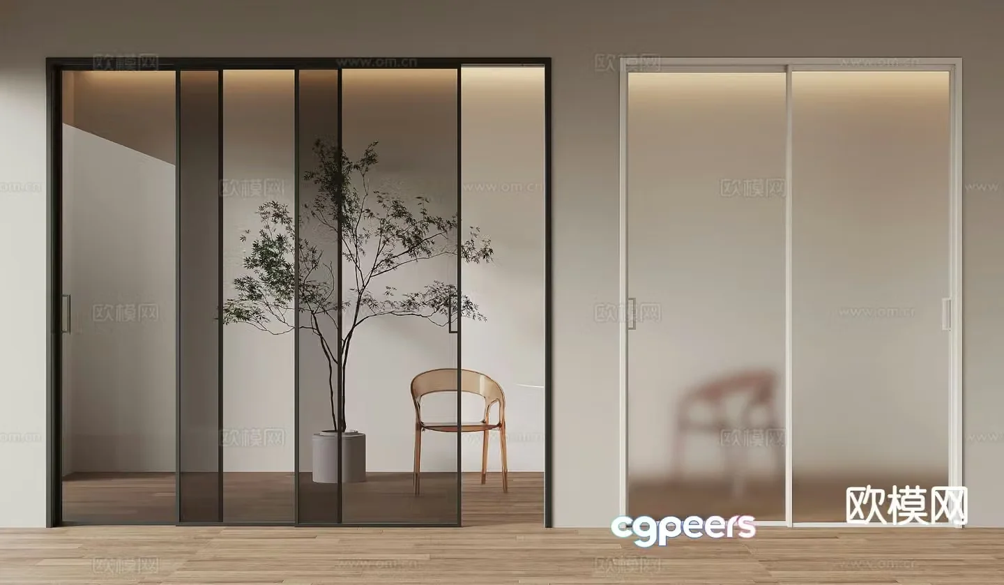 Modern glass sliding door triple-link sliding door oil sand glass 3D model