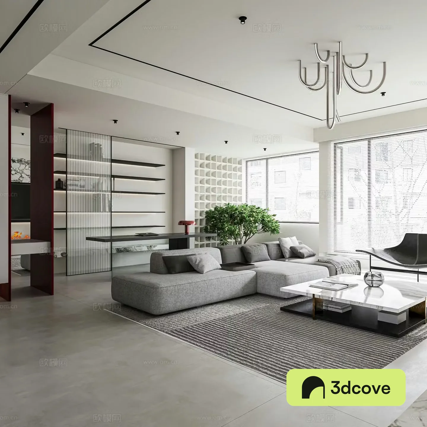 Modern minimalist living room horizontal hall no main light large flat floor fireplace eames lounge chair