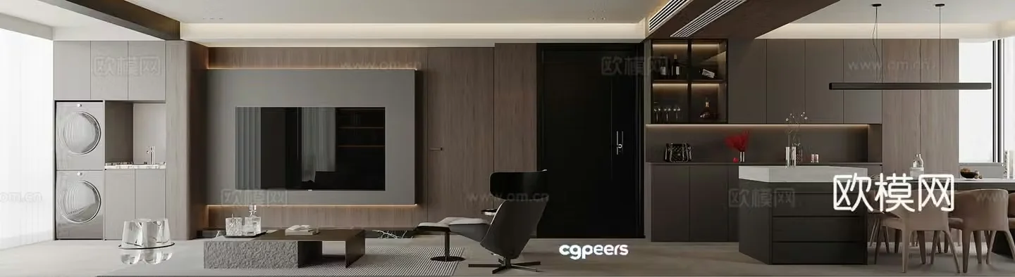 Modern living and dining room 3d model