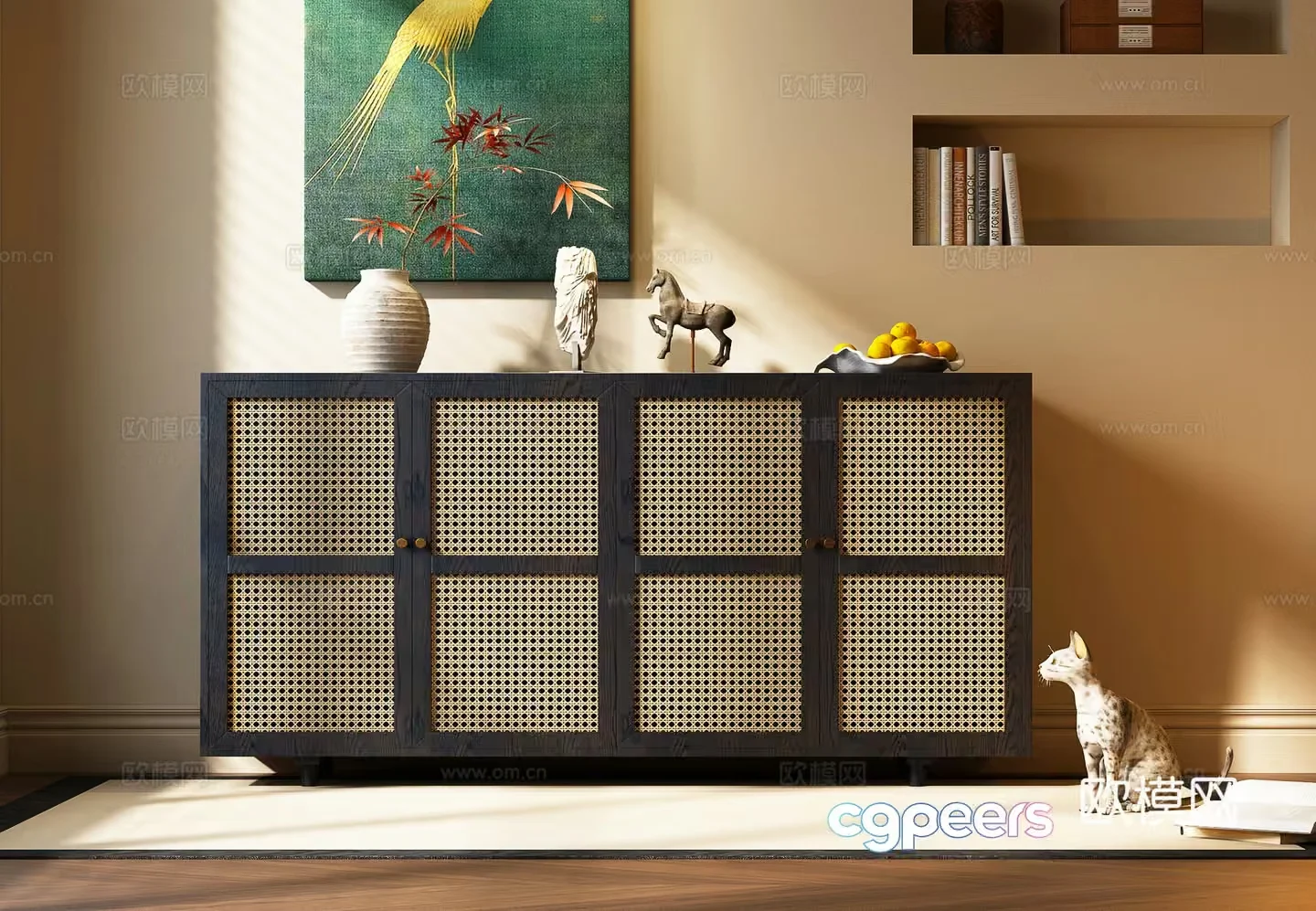 A Wooden Cabinet With Wicker Doors 3D Model – 14887 – VRAY Render