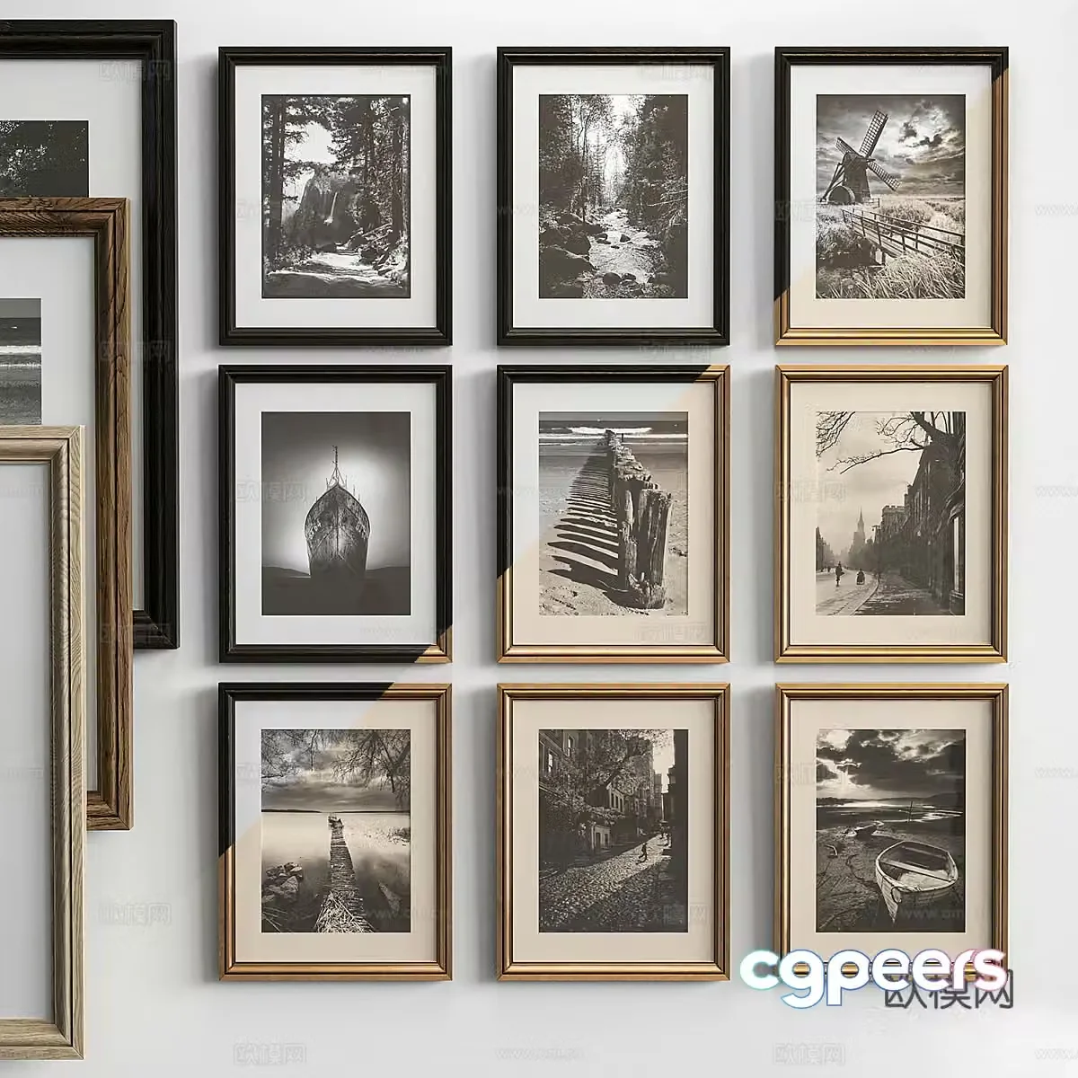 Modern photo painting black and white hanging painting combination abstract painting 3d model