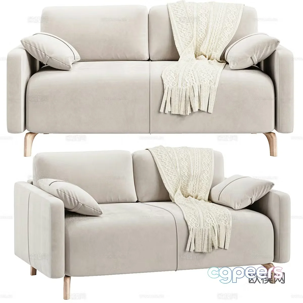 Modern cream style two-person fabric casual sofa 3d model