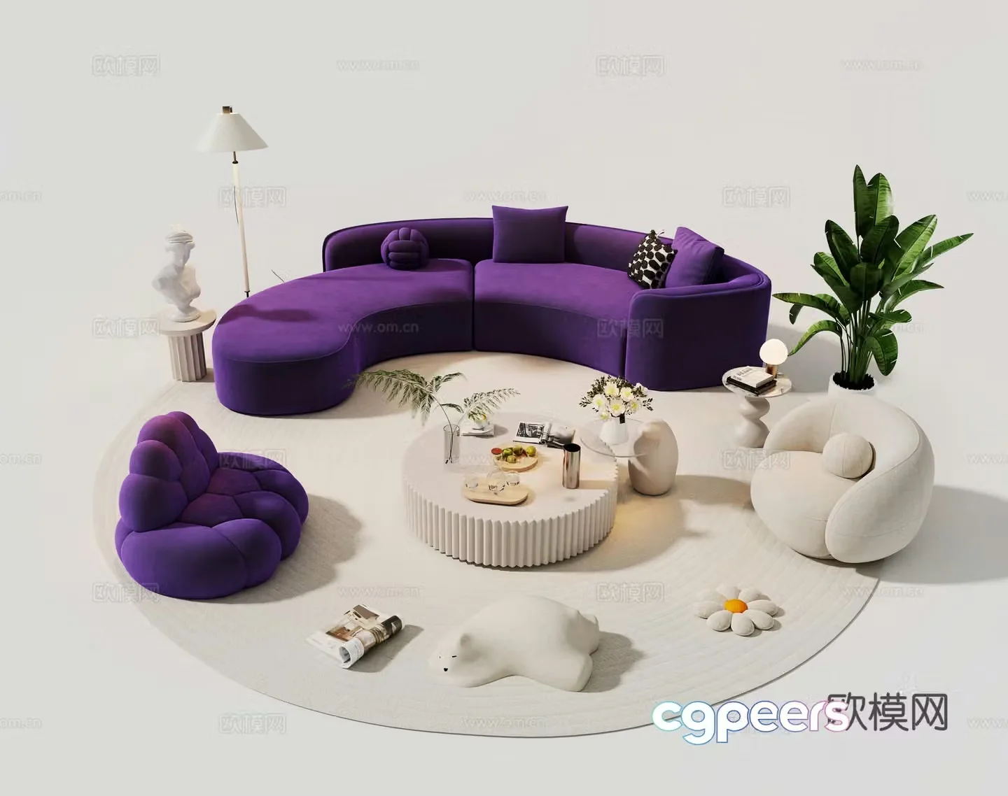 Cream -shaped arc sofa combination sofa 3D model