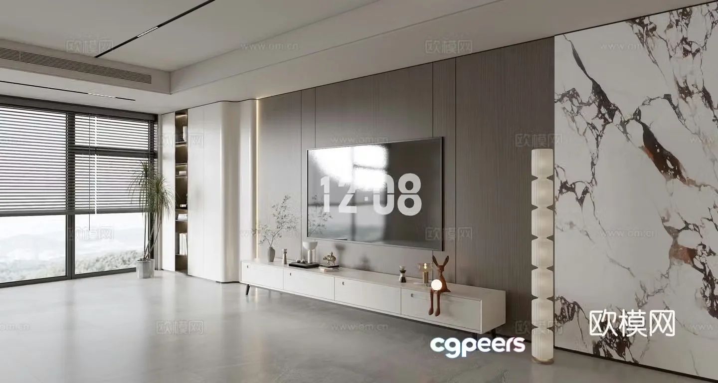 Modern Italian living room light luxury TV background wall full wall TV cabinet marble background wall 3d model