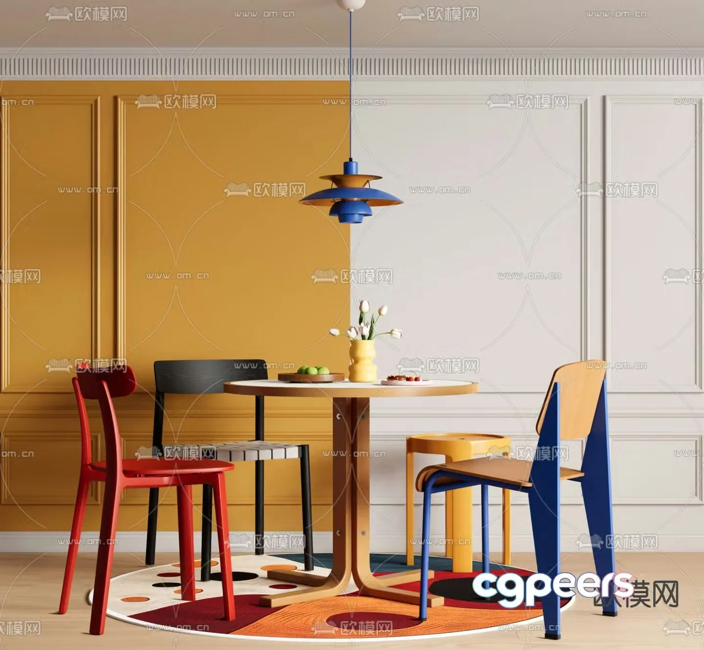 Memphis style dining table and chairs 3d model