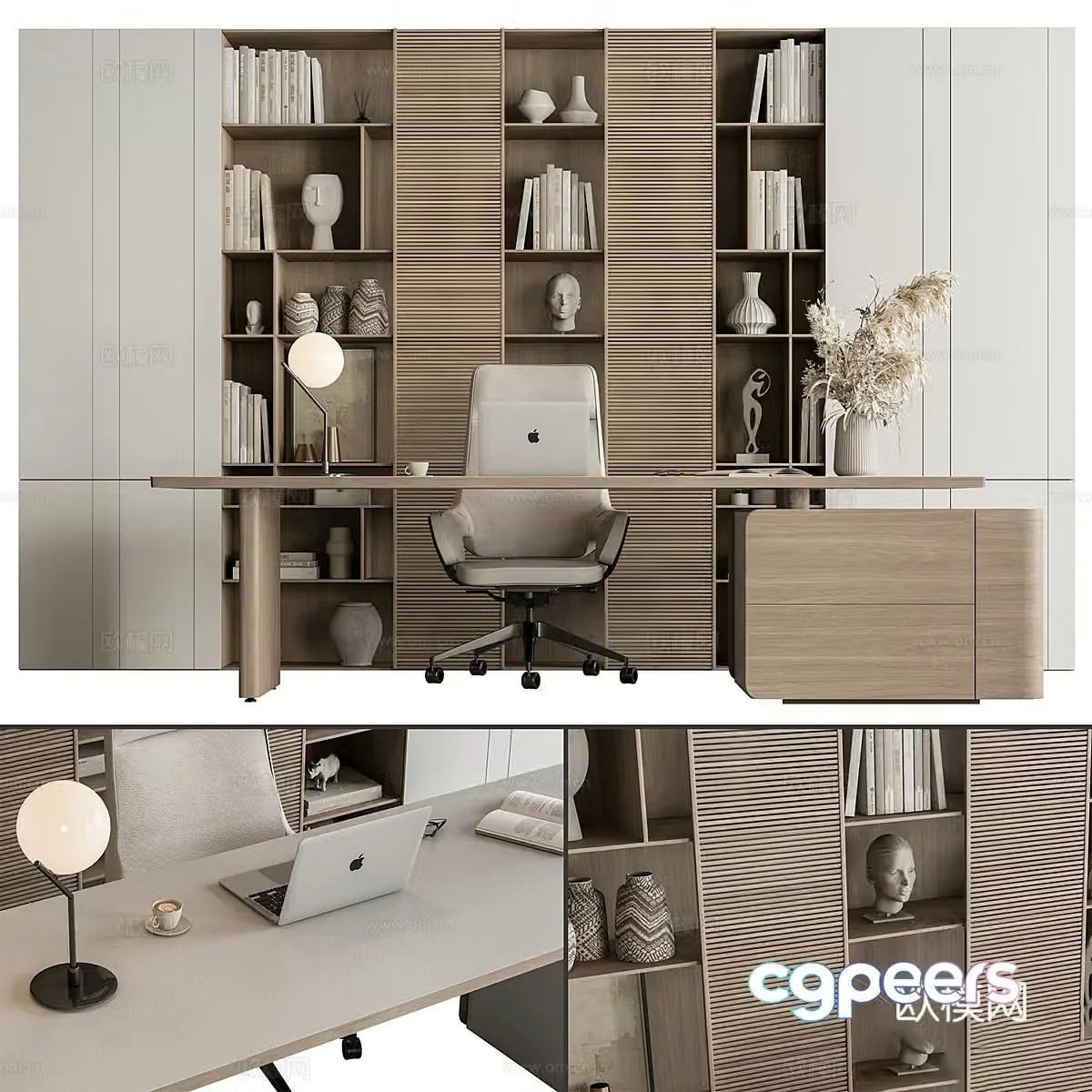 New Chinese style decorative bookcase desk chair office desk chair 3d model